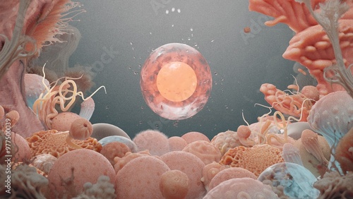 A living cell with a pulsating nucleus in a surreal microcosm, a biological concept. The emergence of a new life, reproduction by spores