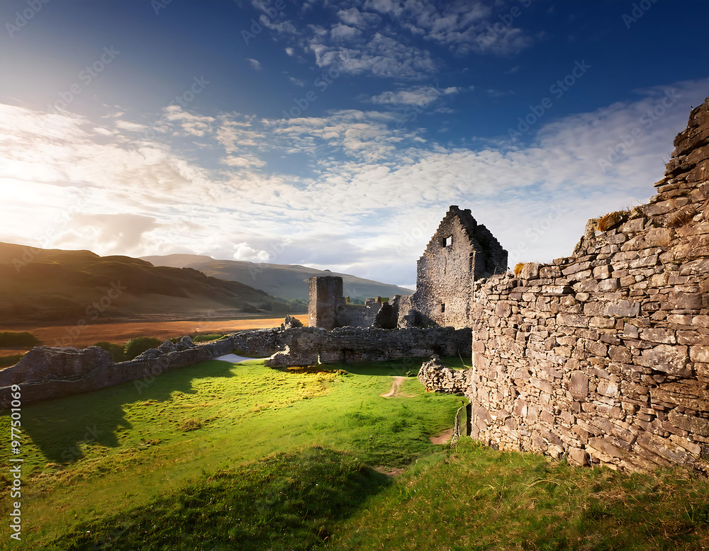 Obraz premium ancient castle ruins surrounded beautiful landscape stone walls
