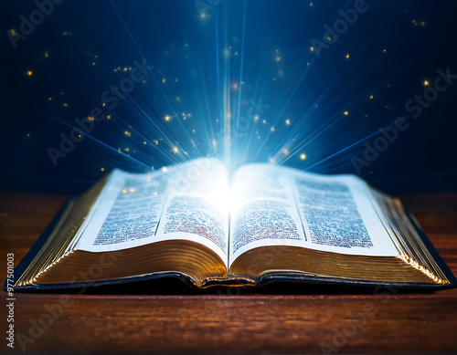 open bible glowing light representing history worship kingship
