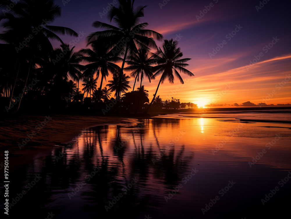Beautiful tropical sunset with silhouetted palm trees and shimmering reflections on calm water
Beautiful tropical sunset with silhouetted palm trees and shimmering reflections on calm water