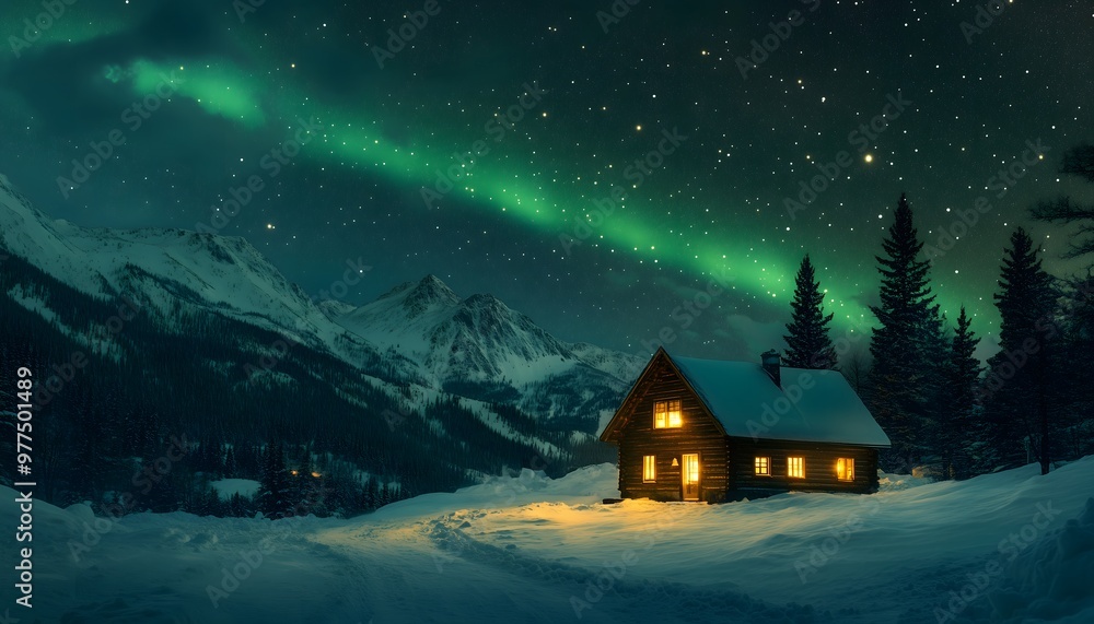 A wooden cabin isolated in a mountainous winter landscape during Aurora borealis A wooden cabin isolated in a mountainous winter landscape during Aurora borealis