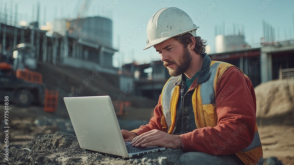 scene featuring a man in a hardhat working with a laptop on a construction site, capturing the blend of traditional labor and contemporary technology in building projects scene featuring a man in a hardhat working with a laptop on a construction site, capturing the blend of traditional labor and contemporary technology in building projects