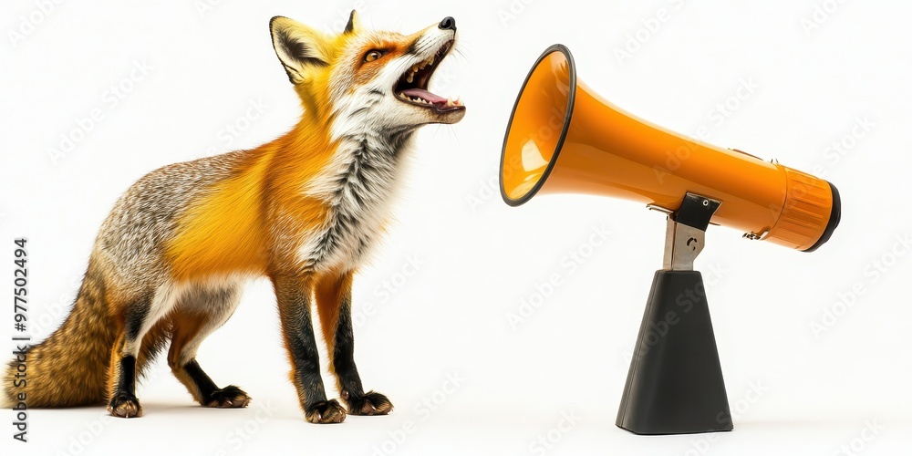 Fototapeta premium Fox with Megaphone - Clever Animal Communication Concept on White Background