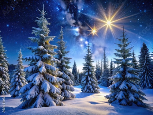 Snow-covered evergreen trees stand tall beneath a breathtaking winter night sky ablaze with millions of twinkling stars, casting an ethereal glow on the frosty landscape.