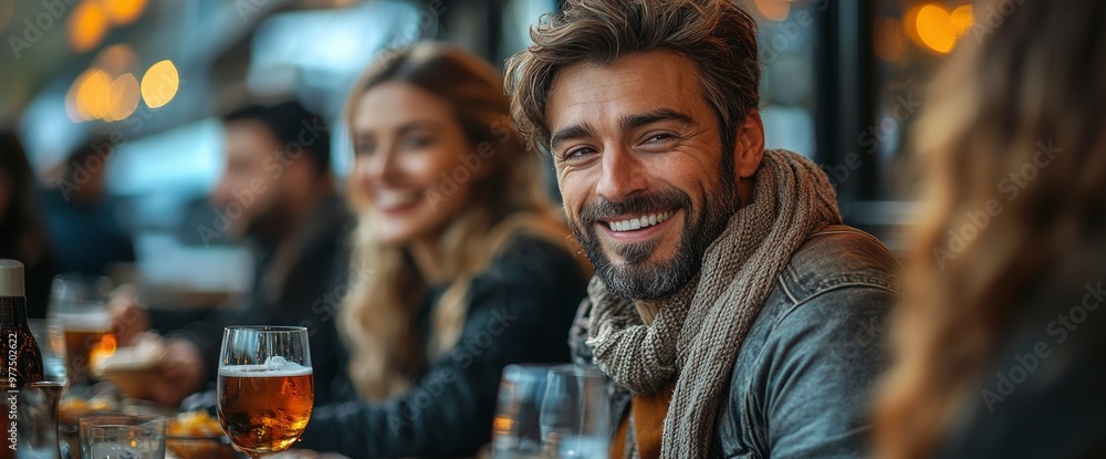 Handsome Man Smiling and Looking at Camera While Sitting with Friends in a Cafe Handsome Man Smiling and Looking at Camera While Sitting with Friends in a Cafe