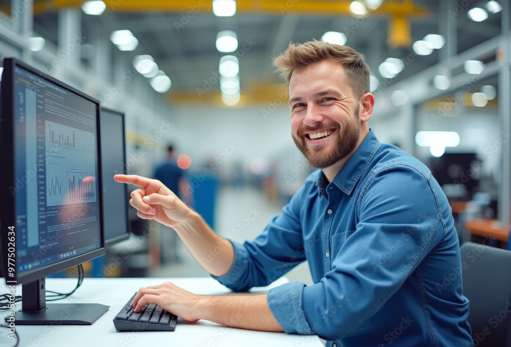 The engineer manager smiles and points at the monitor at the factory The engineer manager smiles and points at the monitor at the factory