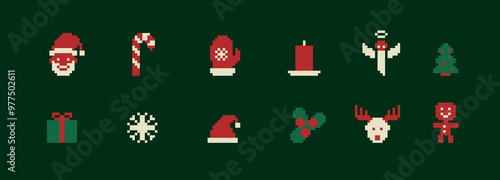 Vintage 8 bit simple Merry Christmas icon set. Festive Xmas symbols in pixel art. Happy New Year collection in retro video game style.