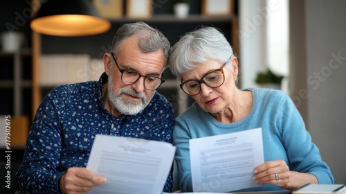 The senior couple scrutinizes important documents at a dining table, embodying experience and collaboration in a peaceful, homely setting filled with warmth.