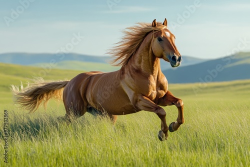 A beautiful horse is galloping freely in a green meadow. The sunlight enhances its golden coat and flowing mane. This image captures the spirit of nature and freedom. Generative AI