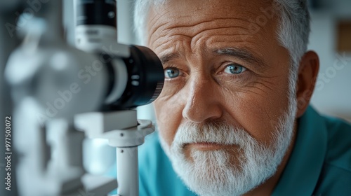 A senior man with a focused expression undergoing a vision screening at a medical clinic, emphasizing the importance of maintaining good eyesight with age.