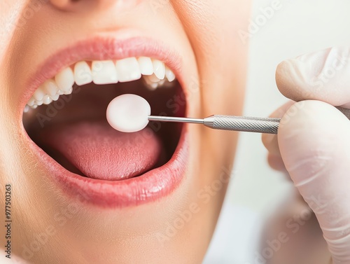 Close-up of a dental examination with a patient showing healthy teeth and a dentist's tool for oral care.