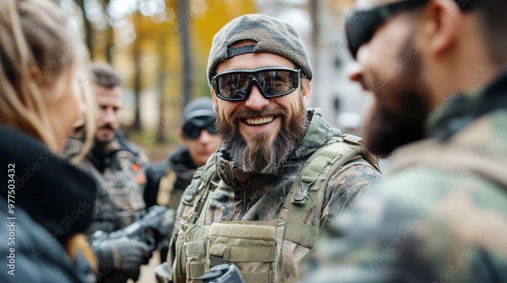 A group of soldiers in camouflage gear and sunglasses share a laugh outdoors, showcasing camaraderie and unity on a training exercise in a forested area. A group of soldiers in camouflage gear and sunglasses share a laugh outdoors, showcasing camaraderie and unity on a training exercise in a forested area.