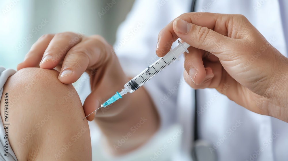 A healthcare professional administering a vaccination to a patient's arm using a syringe in a clinical setting. A healthcare professional administering a vaccination to a patient's arm using a syringe in a clinical setting.