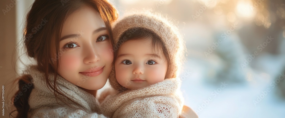 Obraz premium Loving Mother and Baby in Winter Wonderland