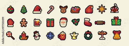 Vintage 8 bit Merry Christmas icon set. Festive Xmas symbols in pixel art. Happy New Year collection in retro video game style.