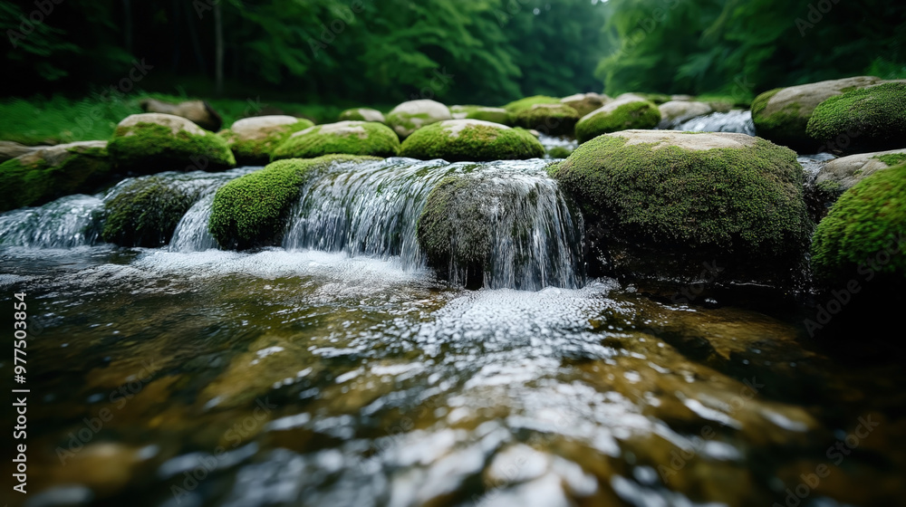 A serene natural stream with clear flowing water cascading over moss-covered rocks in a lush forest environment. A serene natural stream with clear flowing water cascading over moss-covered rocks in a lush forest environment.