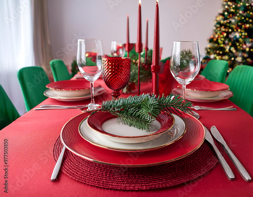 christmas dining setup red green festive theme photo