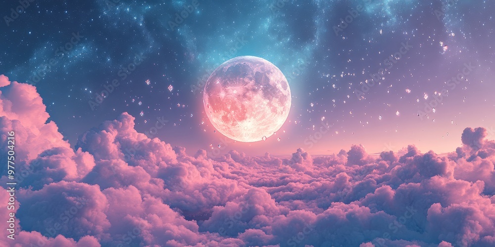 Celestial crystal moon glowing in the night sky Celestial crystal moon glowing in the night sky
