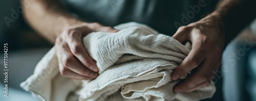 Close-up of a man's hands neatly folding freshly laundered towels, emphasizing cleanliness and care in a cozy home setting