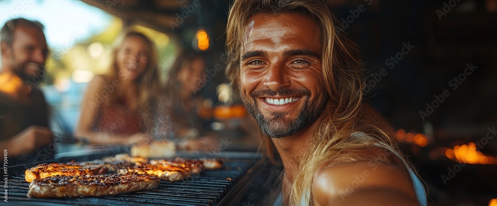 Happy Man Grilling with Friends at a Summer Barbecue Happy Man Grilling with Friends at a Summer Barbecue