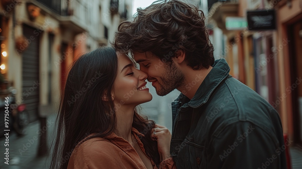 Naklejka premium joyful couple exchanging a tender kiss on a bustling city street, capturing the essence of romance and togetherness in a lively urban atmosphere