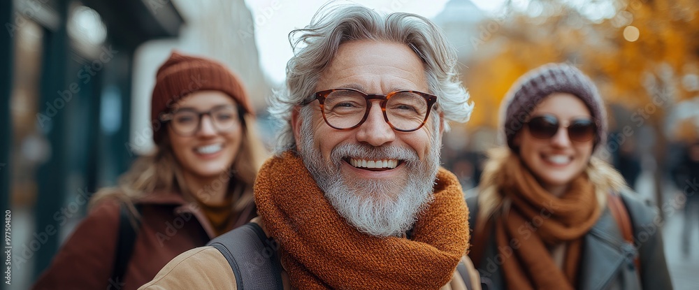 Fototapeta premium Happy Senior Man with Family in City Street