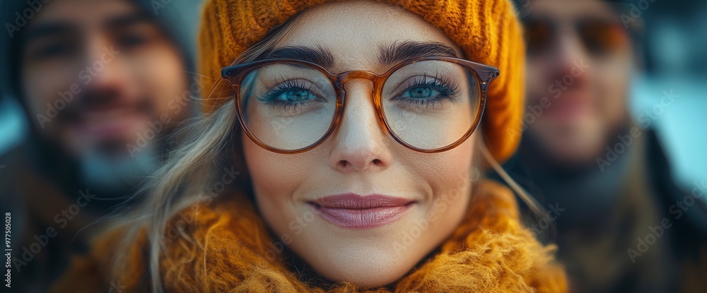 Happy Woman with Glasses Smiling at Camera with Friends in the Background Happy Woman with Glasses Smiling at Camera with Friends in the Background