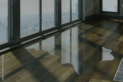 Water leaking and flooding on wood black parquet flooring beside windows