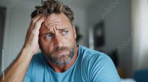 Wallpaper Mural A man in casual clothing sits indoors with his hand on his temple, displaying a contemplative or thoughtful expression, with blurred background elements contributing to the scene. Torontodigital.ca