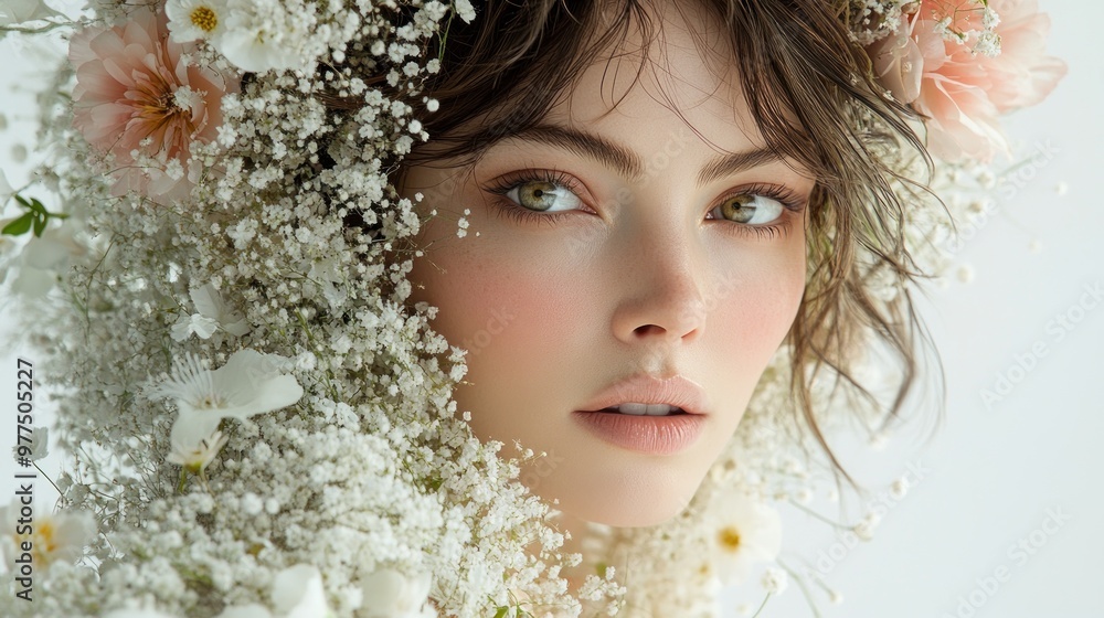 A woman captivates with her natural beauty framed by delicate flowers and soft colors A woman captivates with her natural beauty framed by delicate flowers and soft colors