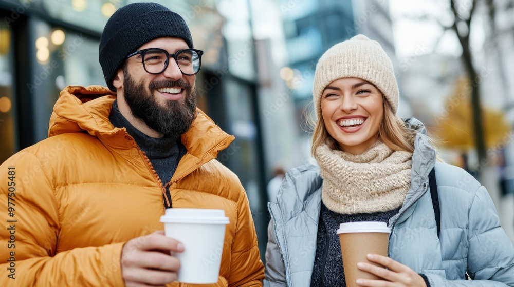 A couple wearing winter coats, hats, and scarves, holding takeaway coffee cups outdoors, joyfully enjoying a crisp day, embodying warmth and companionship amidst the cold. A couple wearing winter coats, hats, and scarves, holding takeaway coffee cups outdoors, joyfully enjoying a crisp day, embodying warmth and companionship amidst the cold.