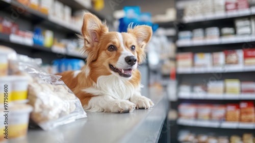 A dog with large ears stands near a shelf full of pet supplies in a pet store. The background is filled with various products, enhancing the vibrant pet store atmosphere. photo