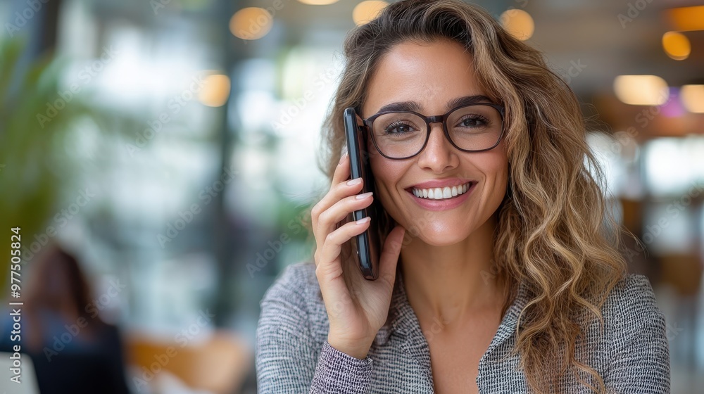 A woman with glasses smiles brightly while talking on the phone in a modern office, conveying a sense of positivity and effective communication skills. A woman with glasses smiles brightly while talking on the phone in a modern office, conveying a sense of positivity and effective communication skills.