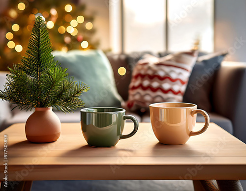 holiday coffee table setup festive mugs small tree