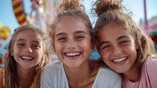 Three smiling girls with carefree expressions enjoy their time at a colorful amusement park, capturing the essence of fun, laughter, and youthful excitement.