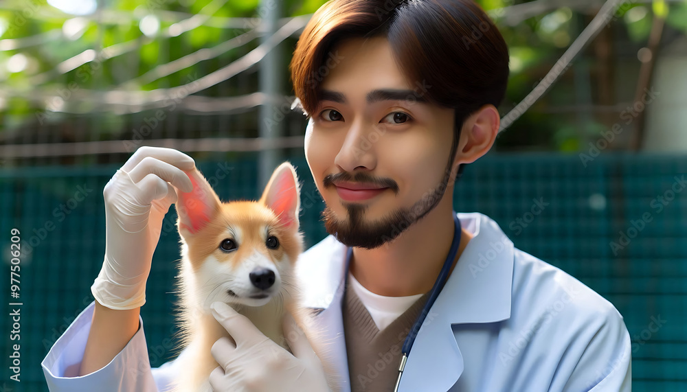 A happy woman with a cute corgi dog in the grass A happy woman with a cute corgi dog in the grass