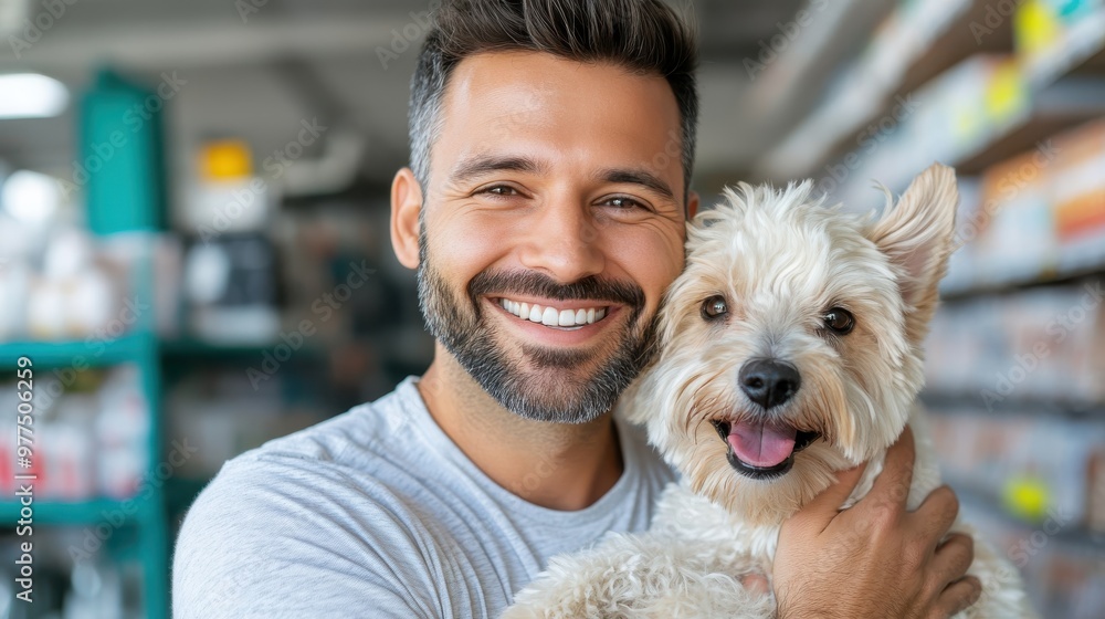 A cheerful man is embracing his fluffy white dog, standing indoors with shelves in the background, showcasing the bond between them and the joy of companionship. A cheerful man is embracing his fluffy white dog, standing indoors with shelves in the background, showcasing the bond between them and the joy of companionship.