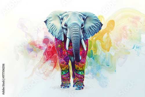 A colorful elephant with vibrant patterns stands against a backdrop of abstract colors.