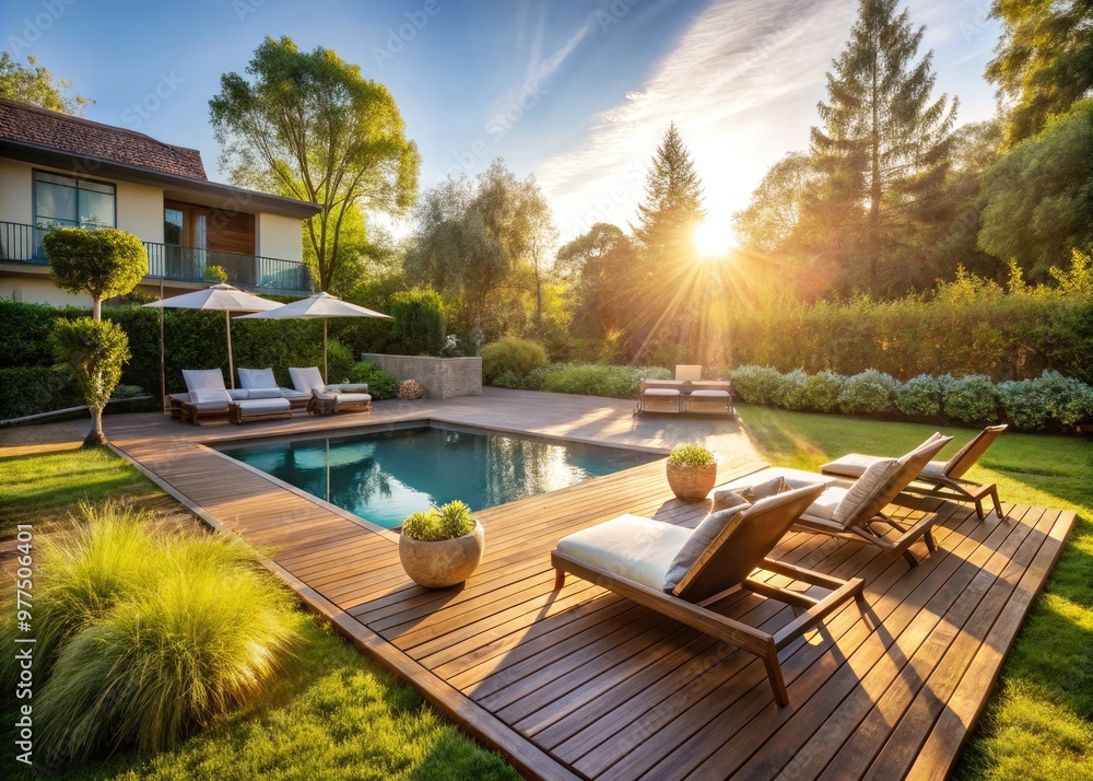 Sunlit backyard with empty swimming pool, lounge chairs, and surrounding deck, ready for summer entertaining, relaxation, and outdoor living design inspiration. Sunlit backyard with empty swimming pool, lounge chairs, and surrounding deck, ready for summer entertaining, relaxation, and outdoor living design inspiration.