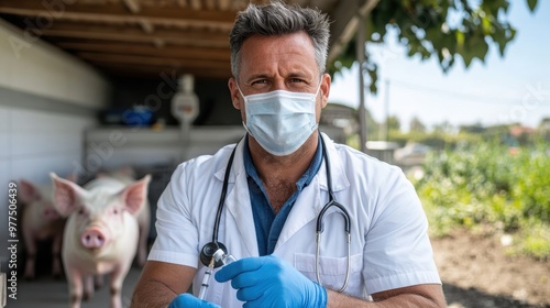 A veterinarian in a white coat and gloves holds a syringe while standing near pigs. The scene is set in a rustic outdoor environment, emphasizing animal care and agriculture. photo