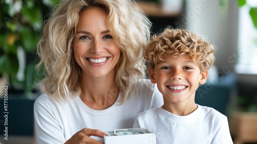 A cheerful scene featuring a smiling blonde mother with her young son, holding a small gift box filled with cash, symbolizing joy and affection in a family setting. photo