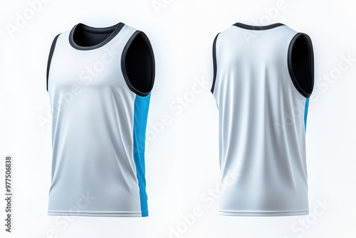 White Sleeveless Sport Jersey Mockup with Blue and Black Trims photo