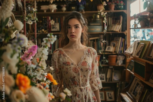 A young woman stands gracefully in a vintage bookstore surrounded by books and flowers The warm colors create a cozy atmosphere