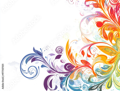 Colorful illustration of an abstract floral design with swirls and patterns on a white background. 