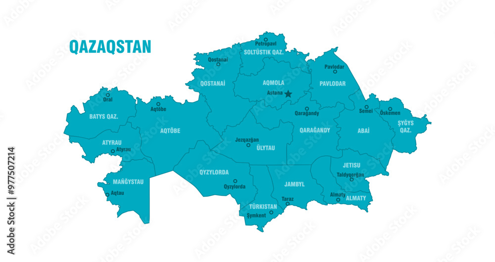 The current map of Kazakhstan. The names of the country, capital, 17 regions and administrative centers in kazakh language. Simplified vector illustration. Political map of the Republic of Kazakhstan The current map of Kazakhstan. The names of the country, capital, 17 regions and administrative centers in kazakh language. Simplified vector illustration. Political map of the Republic of Kazakhstan