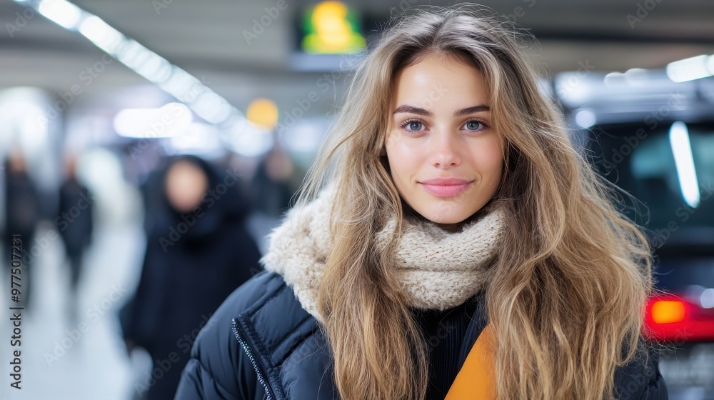 A young woman with loose hair and a beige scarf stands cheerfully on a snowy subway platform, dressed warmly, highlighting winter fashion and seasonal joy. A young woman with loose hair and a beige scarf stands cheerfully on a snowy subway platform, dressed warmly, highlighting winter fashion and seasonal joy.