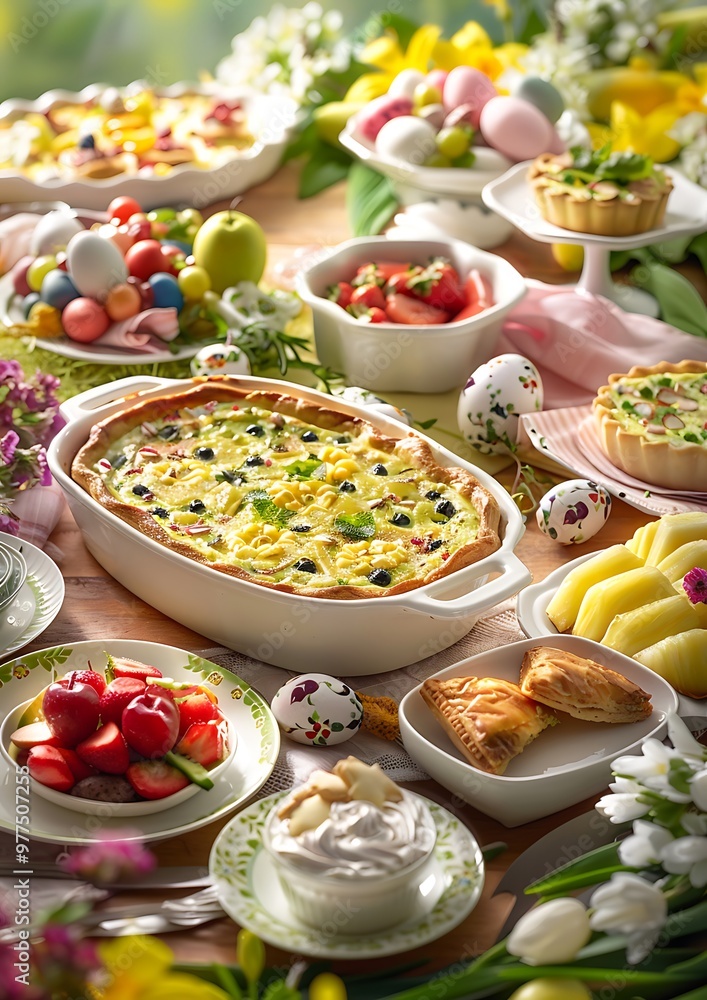 A festive Easter brunch setup with a variety of dishes including quiche fruit salad and pastries arranged on a beautifully decorated table with spring accents A festive Easter brunch setup with a variety of dishes including quiche fruit salad and pastries arranged on a beautifully decorated table with spring accents