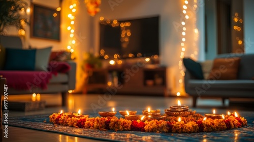 A beautifully decorated home for Diwali, with glowing diyas, string lights, and flower garlands