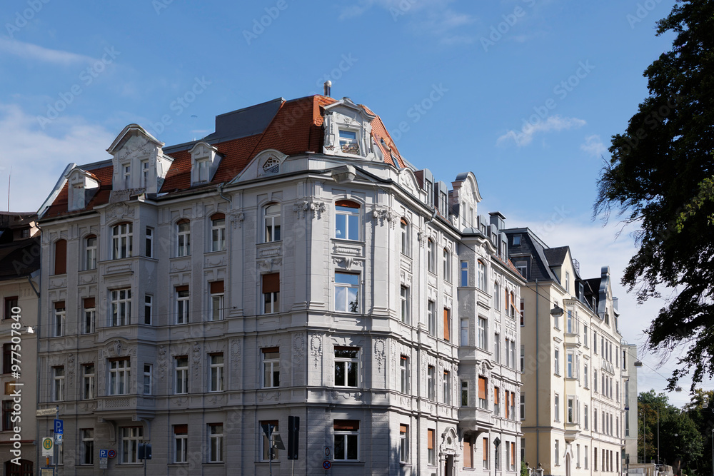 Simple, curved façade of a residential building in the historic centre of Augsburg Simple, curved façade of a residential building in the historic centre of Augsburg