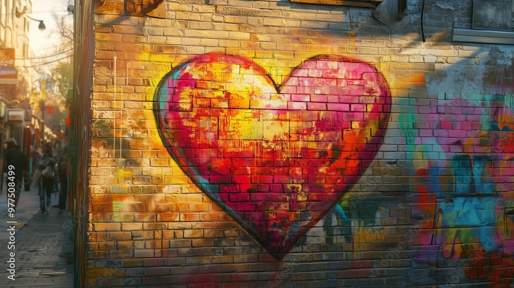 Fototapeta premium A colorful heart mural on a weathered wall contrasts urban life, inviting reflection on love.